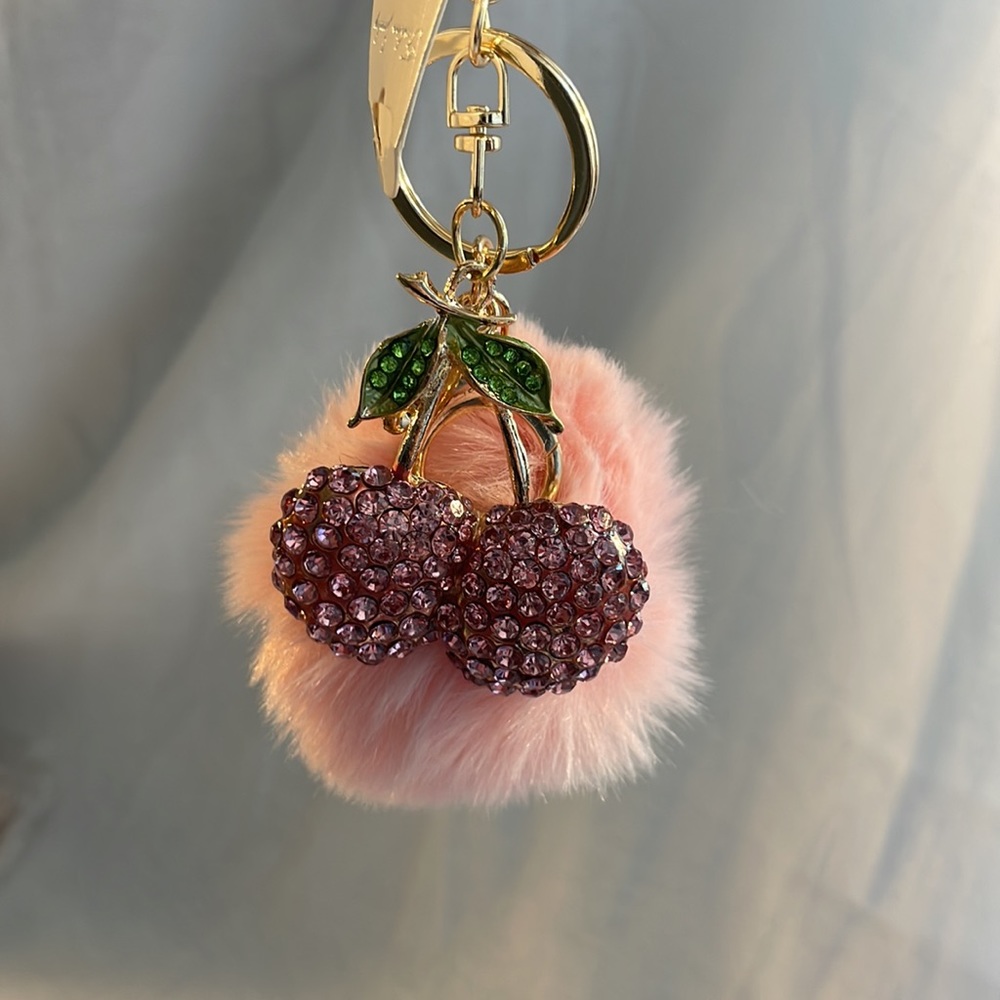 NEW PINK Pom with Rhinestone cherry charm luxury style keychain